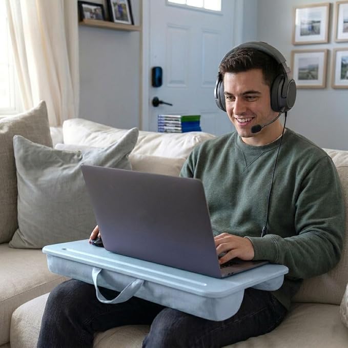 LAPGEAR Original Lap Desk – Large (17.9” x 13”) | Fits Up to 17.3” Laptops | Cushioned with Device Ledge, Pencil Tray & Handle | Portable & Lightweight | Sky Blue – Style No. 45153