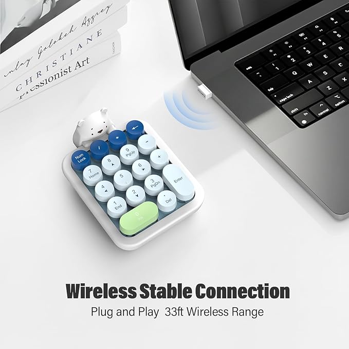 MOFII Cute Colorful Wireless Number Pad with Silicone Cover & Cute Bear Ornament, 2.4GHz Stable Wireless, Financial Accounting Extension (Blue Colorful)