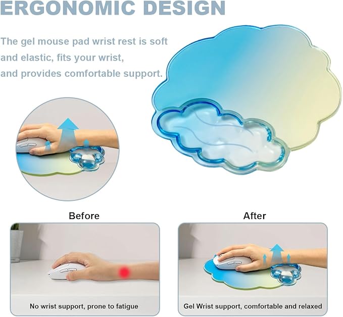 Keyboard Wrist Rest with Cloud Mouse Pad - Gradient Blue Ergonomic Cloud Mouse Pad with Non-Slip Base, Cute Office Accessories for Desktop/Latop/Home/Office