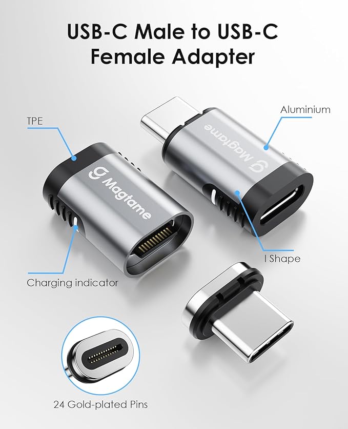Magtame 2Pack 24Pin Magnetic USB C Adapter 240W Straight, (40Gbps and 4K Video) USB C Extender C Male to C Female Adapter, Port Protection for USB 4 Steam Deck, ROG Ally, Laptop, Smartphone