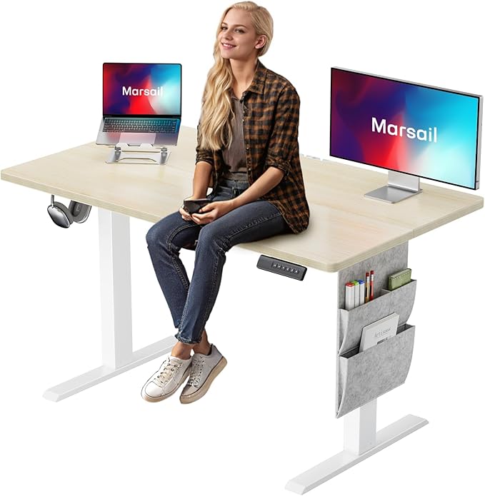 Marsail 48x24 Electric Standing Desk - Adjustable Height Computer Desk with Memory Presets, Storage Bag & Cable Management for Home Office & Gaming Workstations