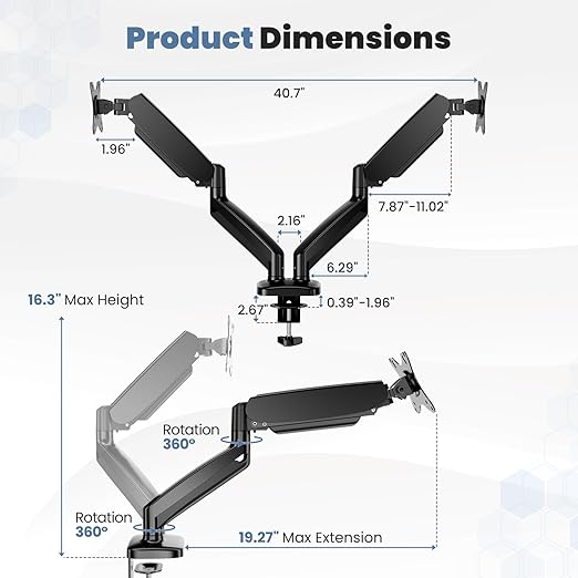 DUMOS Dual Monitor Stand for Desk, Gas Spring Monitor Arm for 2 Monitors Max 32 Inches, Fully Adjustable Double Monitor Mount, VESA Mount with C-Clamp/Grommet Base, Holds Screen 17.6 lbs