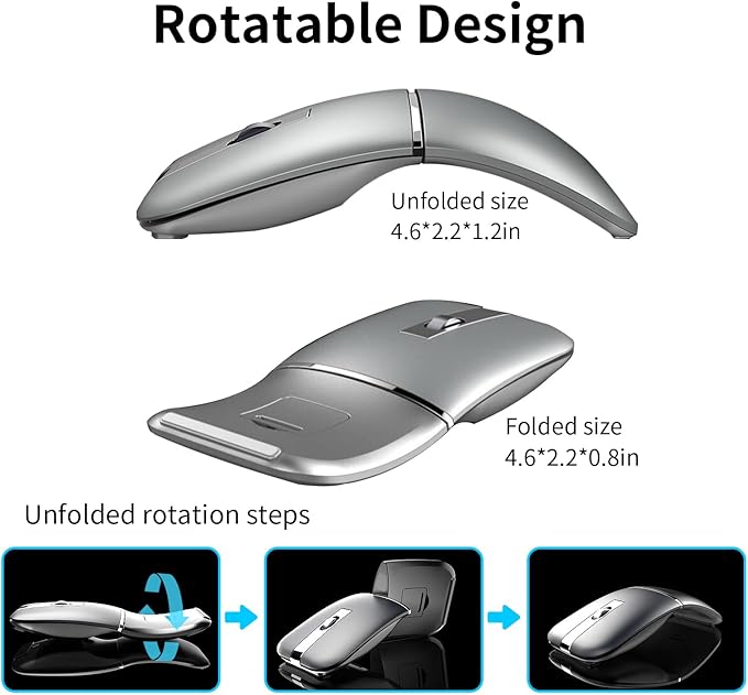 Bluetooth Arc Mouse Wireless Silent Travel Mouse Rechargeable with BT & 2.4G Dual Mode, 1000/1600/2400 DPI, Slim Rotatable Portable Mobile Mice, USB Optical Computer Mice for PC Laptop Tablet -Silver