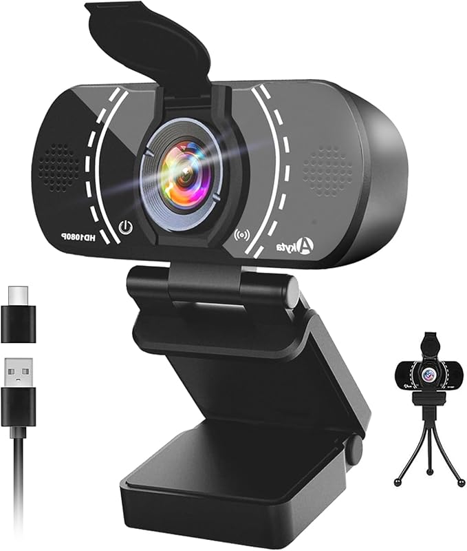 Akyta 1080P PC Webcam, Plug and Play USB C Camera with Microphone/Privacy Cover/Stand/Adapter & Wide Angle 110°, Web Camera for Desktop Computer PC Mac Video Calling/Zoom Conference
