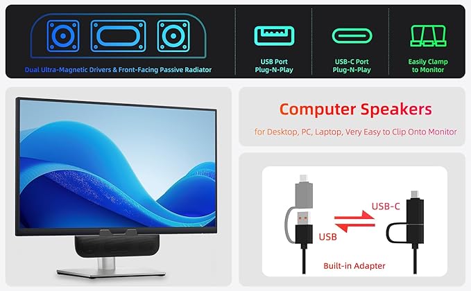 Computer Speakers for Desktop PC, Monitor Speakers, USB Plug-in, Wired, External Speaker for Laptop, Small Computer Soundbar for PC, with Loud Sound, Deep Bass, USB-C Adapter, Easily Clamp to Monitor