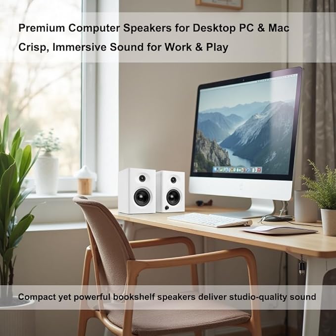 Computer Speakers for Desktop PC, 60W Bluetooth Surround Sound Speakers with Bass, Compact Powered Bookshelf Speakers for Office, Monitors, Laptop, Gaming, TV, Gifts (White, Pair)