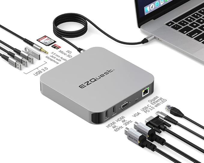 EZQuest USB C Hub Docking Station 12 in 1 with 2 HDMI 4K 60HZ /30Hz, VGA, 1 Gbit Ethernet, 4 USB-A 3.0 Ports, SD, Micro SD, PD 3.0 and Audio Port - for All Computers with USB-C/Thunderbolt Ports