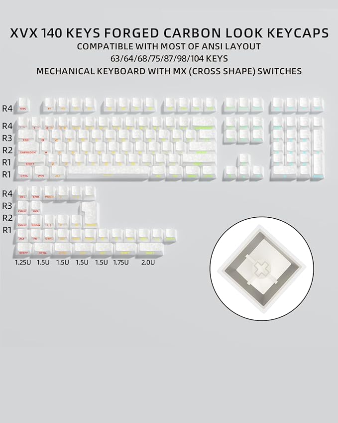XVX White Shine Through Keycaps, Forged Carbon-Look Cherry Profile Keycap Set, 140-Key Keyboard Keycaps Fit for ANSI Layout MX Switches Mechanical Keyboard