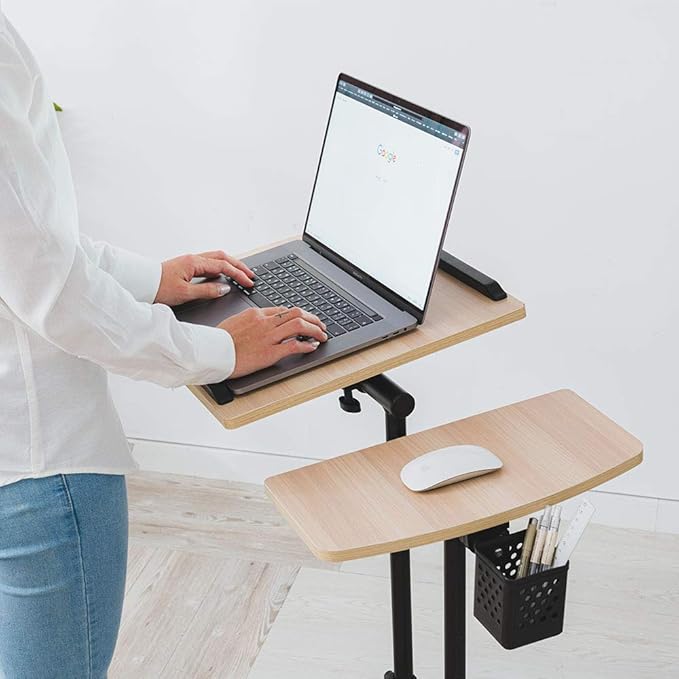 Adjustable Overbed Laptop Table Tilting Top with Mouse Pad, Height Adjustable Rolling Bedside Desk with Wheels for Home, Hospital, Sofa Use - Dark Blond Wood