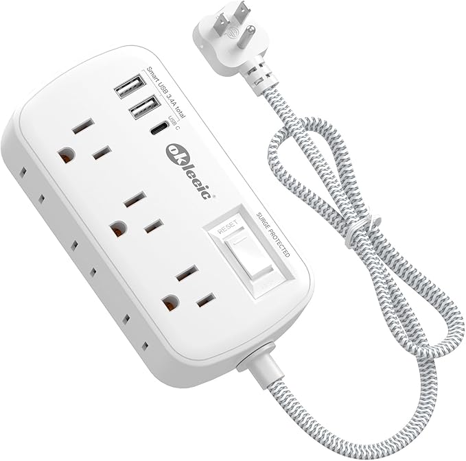 Short Extension Cord 3 Ft - okleeic Small Power Strip Flat Plug Surge Protetor with 6 Outlets & 3 USB (1 USB C) Charging Ports, Multi Plug Wall Outlet Extender for Travel Dorm Room Essentials