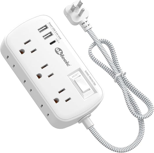 Short Extension Cord 3 Ft - okleeic Small Power Strip Flat Plug Surge Protetor with 6 Outlets & 3 USB (1 USB C) Charging Ports, Multi Plug Wall Outlet Extender for Travel Dorm Room Essentials