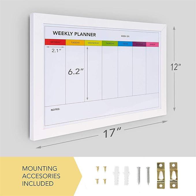 Weekly Dry Erase Board for Wall [17in x 12in] Weekly Whiteboard Planner and Magnetic Calendar - Days of The Week White Board for Schedule, Daily Meal Planner - Includes Full Mounting Kit
