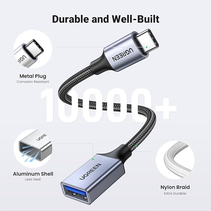 UGREEN USB C to USB 3.0 Adapter 5Gbps OTG Cable Type C Male to USB A Female Nylon Braided Aluminum Compatible with iPhone 15 Plus Pro Max MacBook Pro Air iPad Pro Galaxy S24 (Blue)