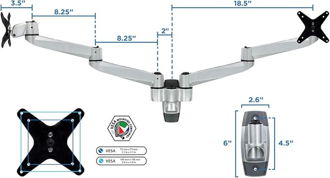 Mount-It! Premium Modular Dual Monitor Wall Mount Arms | Tilt Swivel VESA Wall Mount | Fits 13 15 17 19 21.5 24 27 Inch Computer Screens with 75 100 VESA Patterns | Silver