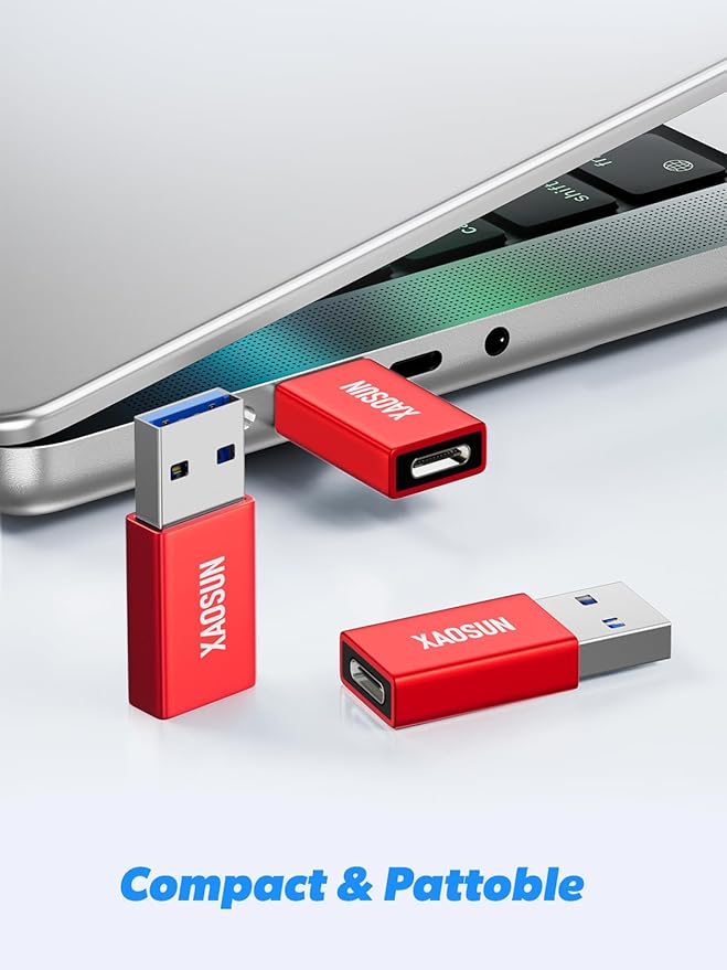 XAOSUN 10Gbps USB to USB C Adapter 3 Pack, 3.1 USBC Female to USB Male Adapter, One-Sided SuperSpeed Data Sync, 100W Fast Charging for iPhone 16 15 14 13, Laptop, Charger, Quest Link, etc, Red