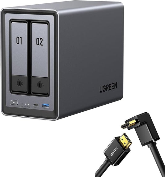 UGREEN NASync DXP2800 2-Bay Desktop NAS,Network Attached Storage (Diskless) Bundle with HDMI Cable Right Angle 4K 90 Degree HDMI Cord 3.3FT