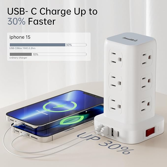 Extension Cord with Multiple Outlets, SMALLRT Flat Plug Surge Protector Power Strip Tower, Outlet Extender with USB 12 AC Outlets, 10FT Ultra Thin Extension Cord for Home Office, Overload Protection