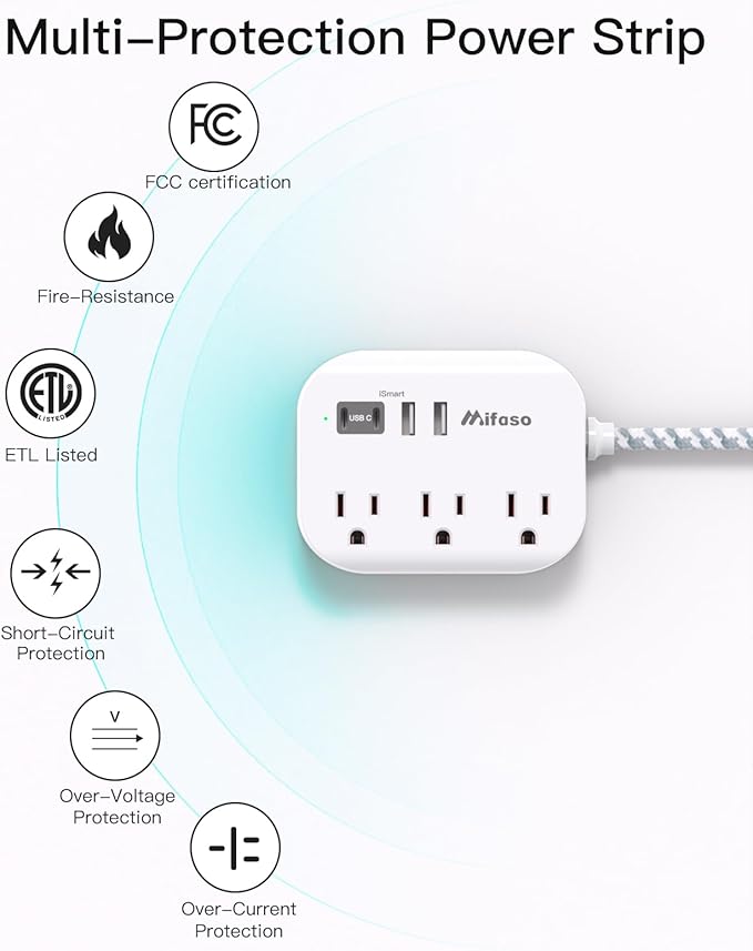 Flat Plug Power Strip with USB Ports - 10FT Extension Cord with 3 Outlets and 3 USB Charging Ports, Wall Mount, No Surge Protection for Cruise Ship Travel, Desk Accessories for Dorm Room Essentials