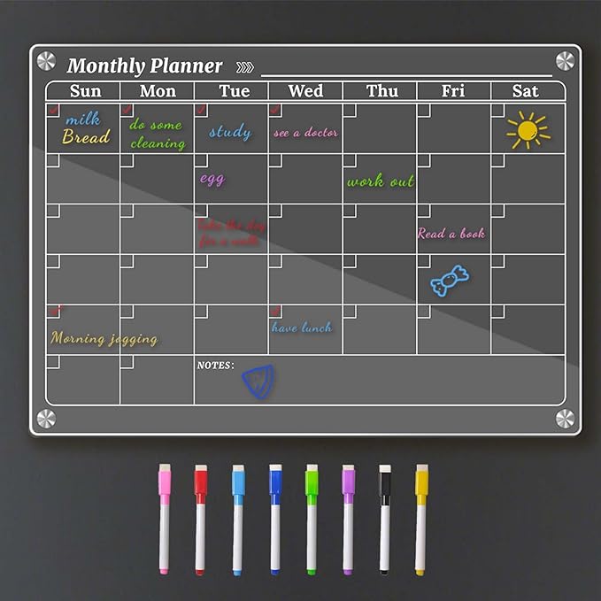 Monthly Dry Erase Calendar for Fridge, Clear Magnetic Calendar Planner with 8 Markers, 16.5"x11.7"