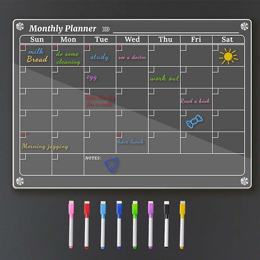 Monthly Dry Erase Calendar for Fridge, Clear Magnetic Calendar Planner with 8 Markers, 16.5"x11.7"