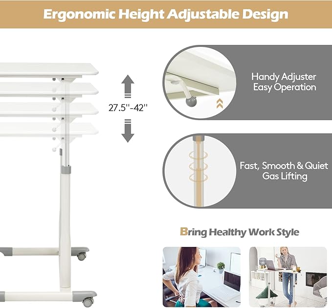 COSTWAY Mobile Height Adjustable Standing Desk, Compact Pneumatic Sit to Stand Computer Desk w/Lockable Casters, Ergonomic Rolling Laptop Table w/Steel Frame for Home Office (White)