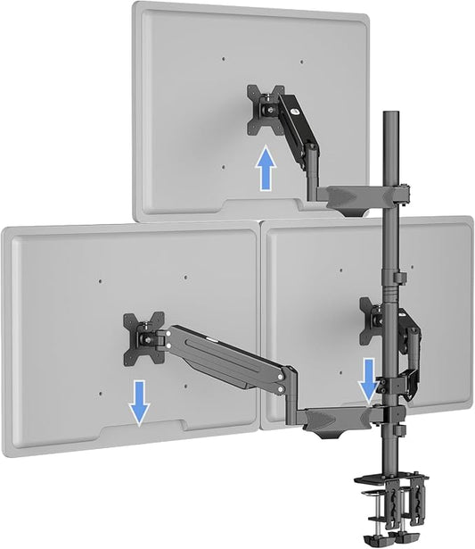 Pholiten Triple Monitor Stand, Mount for 3 Screens up to 32 inches & 22lbs Each, Full Motion Gas Spring Monitor Arm with Clamp Mounting, for Desktops, Computer Monitors