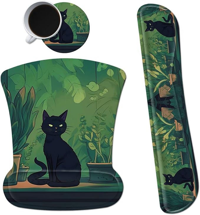 Ergonomic Mouse Pad with Wrist Support Gel Mousepads and Upgrade Keyboard Wrist Rest Pad Set, Coasters Non-Slip PU Base Mouse Mat for Office Gaming Computer Laptop Home, Black Cat Leaf
