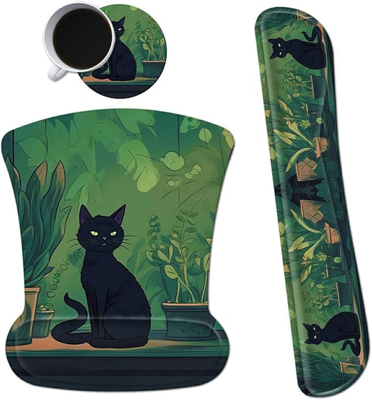 Ergonomic Mouse Pad with Wrist Support Gel Mousepads and Upgrade Keyboard Wrist Rest Pad Set, Coasters Non-Slip PU Base Mouse Mat for Office Gaming Computer Laptop Home, Black Cat Leaf