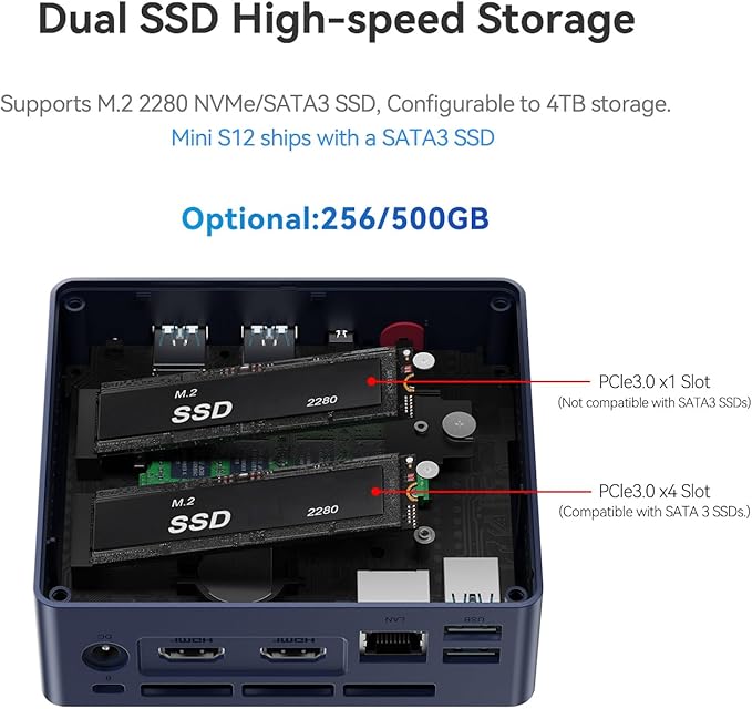 Beelink Mini PC, Mini S12 Intel 12th Gen 4-Core N95(up to 3.4GHz), Mini Computer 8GB DDR4 RAM 256GB SSD, Desktop PC Dual HDMI 4K UHD/Gigabit Ethernet/Dual WiFi5/BT4.2/HTPC/W11 Home