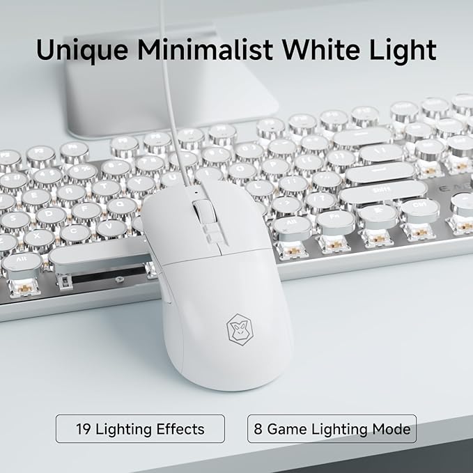 EWEADN Wired Typewriter Keyboard and Mouse Combo, Typewriter Style Mechanical Gaming Keyboard,104 Keys Backlit LED Keyboards, Media Control Knob, Wired Keyboard White Switch for Windows/Mac/PC-White
