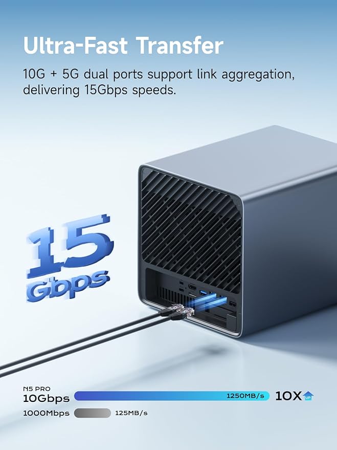 MINISFORUM N5 Air 5-Bay Desktop NAS, AMD Ryzen 7 255(8C/16T) CPU, Barebone, 64GB SSD, 1x 10GbE, 1x 5GbE, 2x USB4(8K), 8K HDMI, OCuLink, 3x M.2 Slots, PCIe x16 Slot, Network Attached Storage (Diskless)