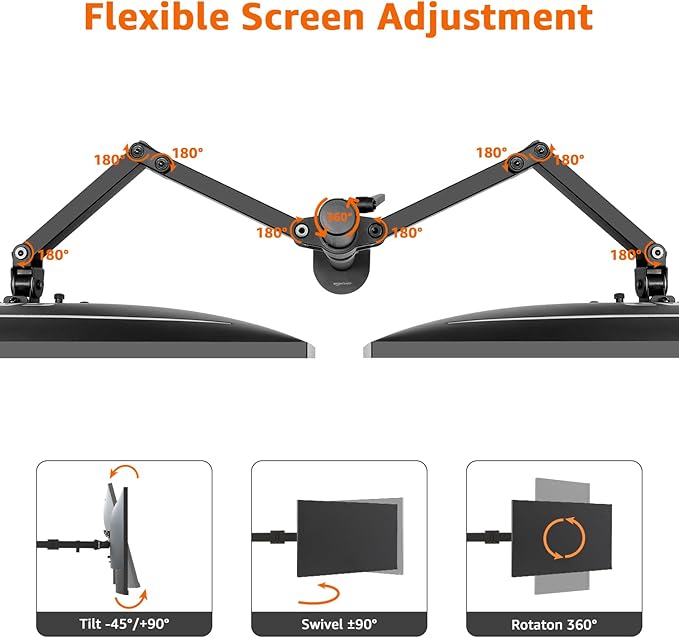 Amazon Basics Adjustable Dual Monitor Desk Mount, Holds up to 32" Monitors, Black
