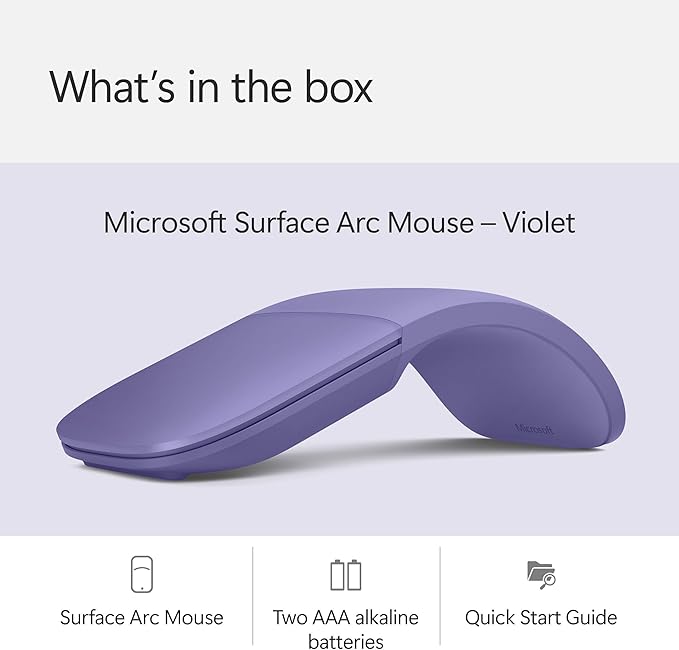 Microsoft Surface Arc Bluetooth Mouse, Ultra-Slim and Lightweight, Snaps Flat for Portability, Full Scroll Plane, Compatible with Windows 11, Battery Included – Violet