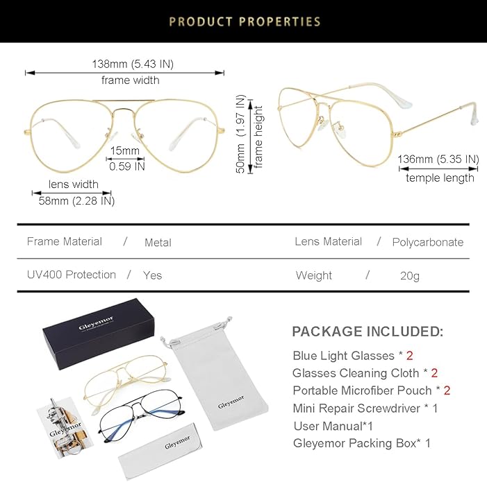 Gleyemor Blue Light Aviator Glasses for Women Men, Metal Frame Anti Blue Light Lens Computer Glasses
