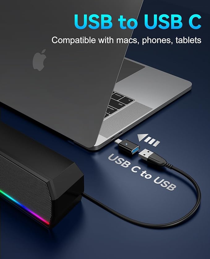 Kunodi USB Computer Speakers for Desktop Monitor, PC Speakers with Stereo Sound, Colorful Light Modes, Plug & Play, USB C Powered for Computer Laptop Monitor Tablet Work