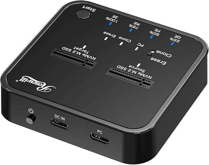Rosewill M.2 NVMe Cloner + Eraser, M.2 Duplicator Dual Bay NVMe Enclosure, Tool-Free 20Gbps USB3.2 Gen 2X2 SSD to USB Adapter M.2 Docking Station for M Key PCIE NVMe SSD Reader, Offline Clone & Erase
