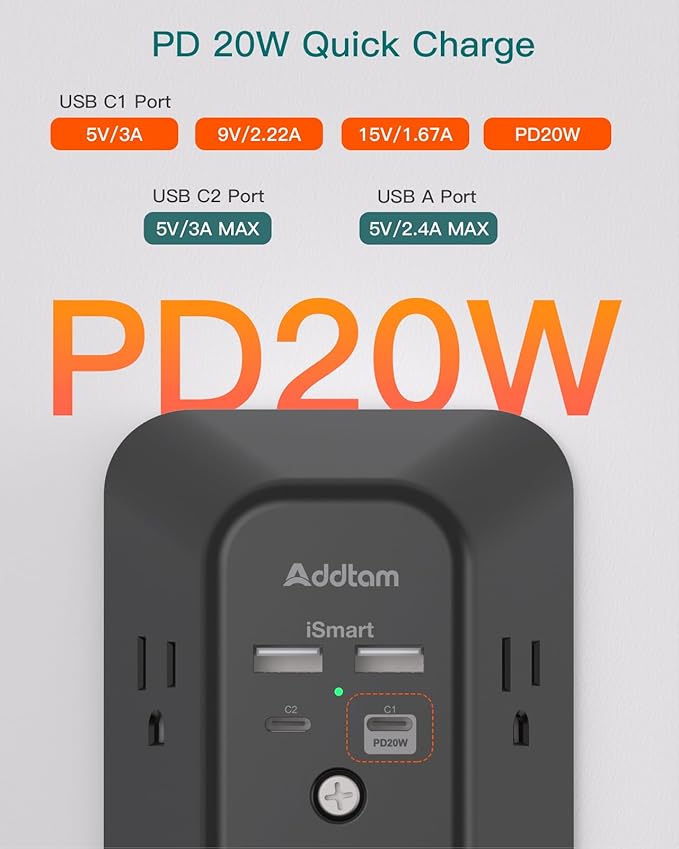 Outlet Extender Surge Protector, Addtam 5-Outlet Splitter with 4 USB Wall Charger(PD 20W), Multi Plug Wall Outlet Power Strip for Home, Dorm Room Essentials Black