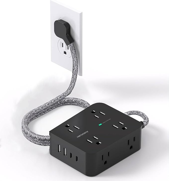 Surge Protector Power Strip 5 Ft, HANYCONY Ultra Thin Flat Plug Braided Extension Cord, 8 Widely Outlet Extender with 4 USB Ports(2 USB C), 1080J, Wall Mount for College Dorm Room Essentials Black
