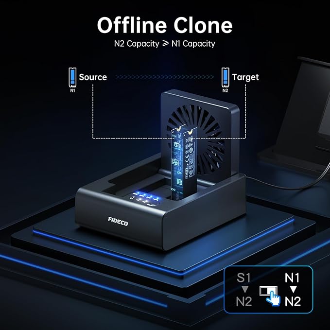 FIDECO M.2 NVMe SSD Cloner and Duplicator, 3-Bay Hard Drive Cloner Dock for M.2 NVMe SSD and 2.5"/3.5" SATA HDD, Hard Drive Reader with Foldable Cooling Fan, Ultimate Heat Dissipation, Tool-Free