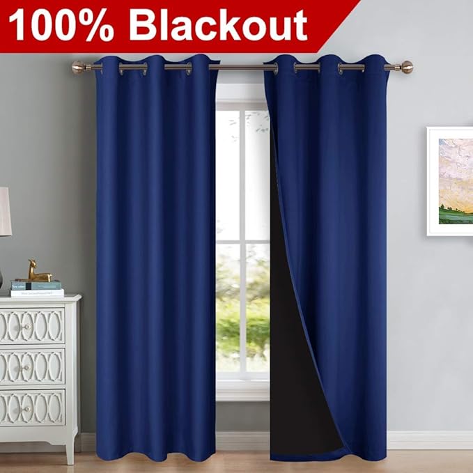 NICETOWN Blackout Curtains 80 inches Long, 2 Pieces, 42" Wide Each Panel, Royal Blue, Full Light Blocking Drapes with Black Liner for Nursery, Thermal Insulated Draperies for Hall, Villa