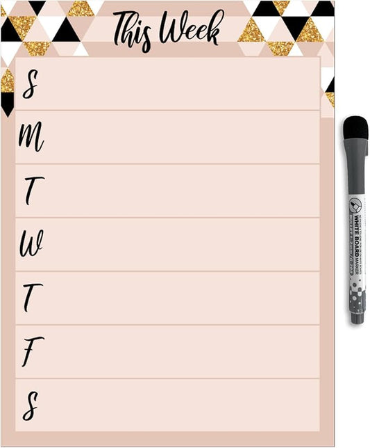 Dry Erase Weekly Calendar Planner Sticker Decal | Removable & Reusable | Magnetic Fine-Tip Marker Included (9 x 12 inches, Rose & Gold)