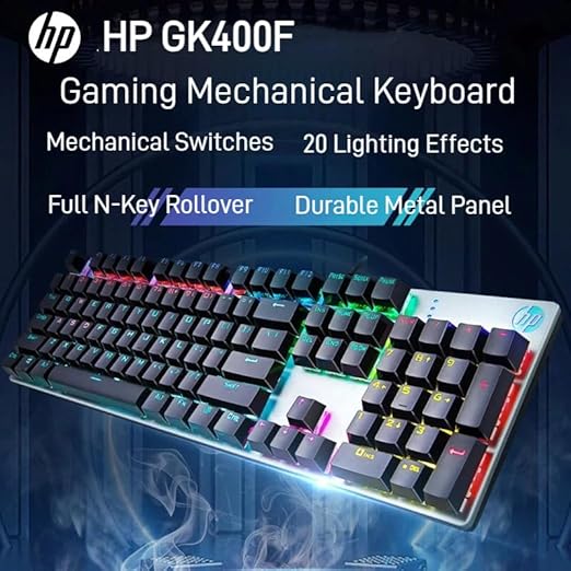HP GK400F Mechanical Gaming Keyboard, Wired USB 104 Keys, Brown Switch, LED Backlit with 20 Lighting Effects, Full Anti-Ghosting, Ergonomic Design, Durable ABS Keycaps, Gunmetal Black