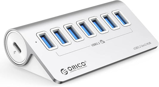ORICO Powered USB Hub 10Gbps, 7 Port USB 3.2 Gen 2 Hub with 7 USB 3.2 Data Ports, 5V 3A Power Supply Interface, 1.64Ft USB C to C Cable and USB-A Adapter, Aluminum USB Data Hub for Laptop