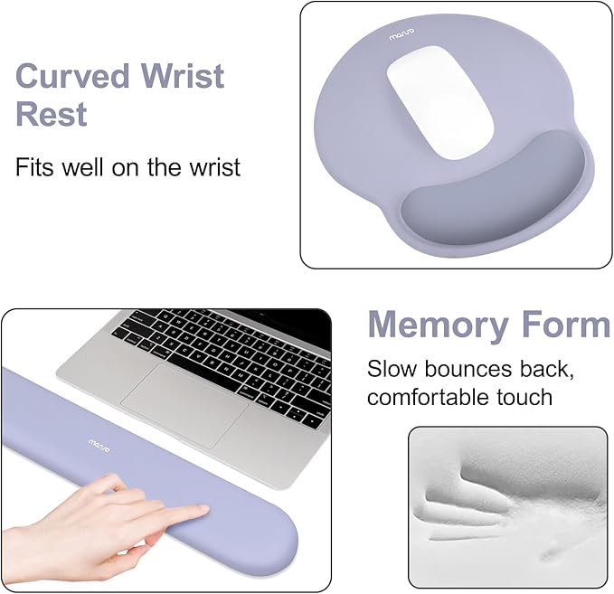 MOSISO Wrist Rest for Keyboard Mouse Pad Set, Large Gaming Deskpad&Circle Curved Mousepad&Keyboard Wrist Rest&Coaster, Ergonomic Non-Slip Mousepad&Easy Typing Pad with Silicone Lining, Lavender Gray