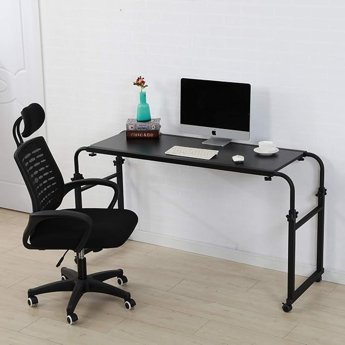 TigerDad Overbed Table with Wheels, 350lbs Capacity Heavy Duty Rolling Bed Desk for King Queen Bed, 55"-83" Adjustable Length & Height, Mobile Cross Bed Laptop Stand for 17 inch Computer, Black