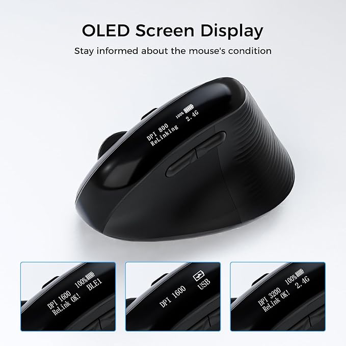 Wireless Ergonomic Mouse with Screen，Bluetooth Vertical Mouse Rechargeable, Quiet Clicks, USB Ergo Design Cordless Mice Compatible for Windows, PC, Laptop, Mac OS, Black