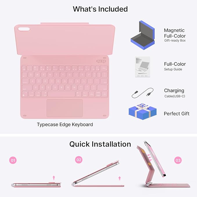 typecase Edge Keyboard Case for iPad 11th Gen A16 (2025) & 10th Gen 10.9" (2022) – Multi-Touch Trackpad, 11-Color Backlit Magic-Style Keyboard – Floating Magnetic Stand, Pencil Holder – Light Pink