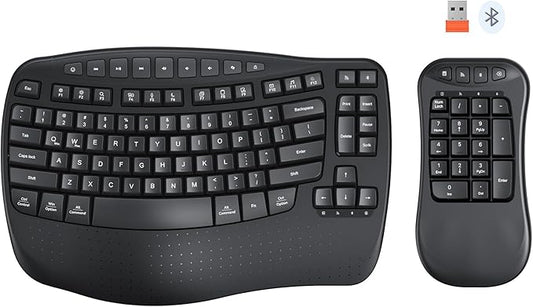 MEETION Wave Ergonomic Keyboard, 2.4GHz Wireless/Bluetooth Split Keyboard with Wrist Rest, Separate Mini Numeric Keypad, Flexible 2-in-1 Setup for Left-Handed/Accountants/Data Entry