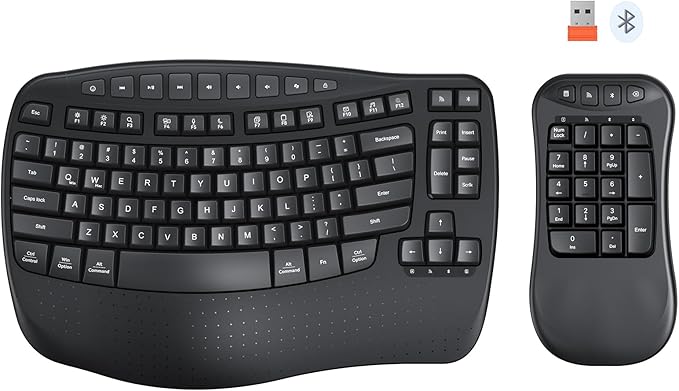 MEETION Ergonomic Keyboard with Separate Numeric Keypad, Wave Wireless Flexible 2-in-1 Setup for Multi-Device, 2.4G/Bluetooth Split Design with Wrist Rest for Accountants/Data Entry/Left-Handed