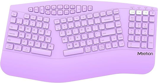 MEETION Ergonomic Keyboard Wireless, Multi-Device Bluetooth Keyboard, Full-Sized Rechargeable Split Computer Keyboards, Wrist Rest for Natural Typing, for Windows/Mac/Laptop/Table/PC, Purple